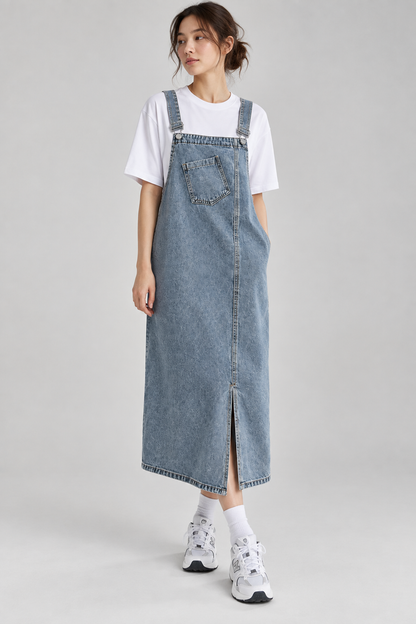 Women's Denim Overall Dress | Sleeveless | Split Front | Casual Blue | Adjustable Straps | Steven & Levon