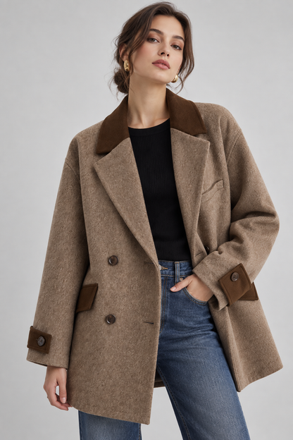 Women's Wool Overcoat | Patchwork Pockets | Turn-Down Collar | Double Breasted | Steven & Levon