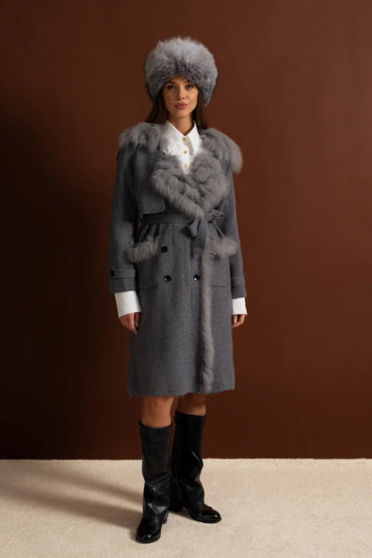 Knit Overcoat | Women | Double-Breasted | Faux Fur Trim | Belted | Grey | Steven & Levon