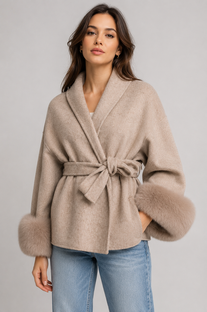 Women's Wool Blend Wrap Jacket | Fox Fur Cuffs | Belted Beige Coat | Steven & Levon