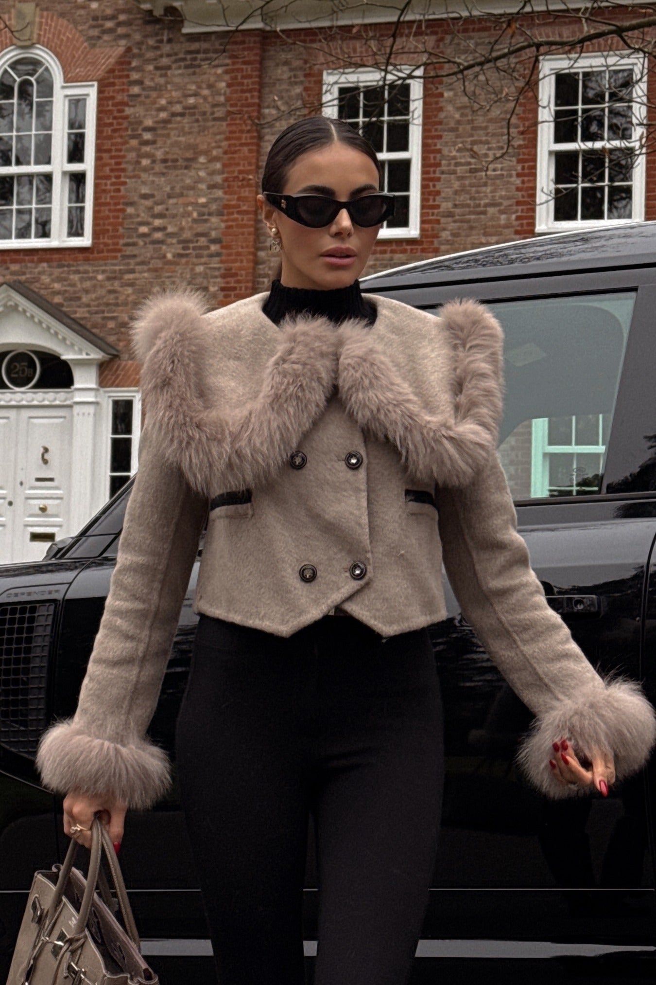 Women's Double Breasted Cropped Jacket | Fox Fur Collar | Brown Wool Blend Coat | Steven & Levon