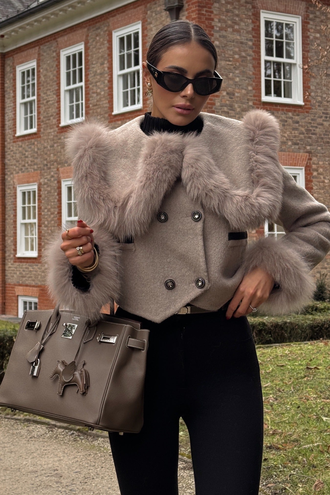 Women's Double Breasted Cropped Jacket | Fox Fur Collar | Brown Wool Blend Coat | Steven & Levon