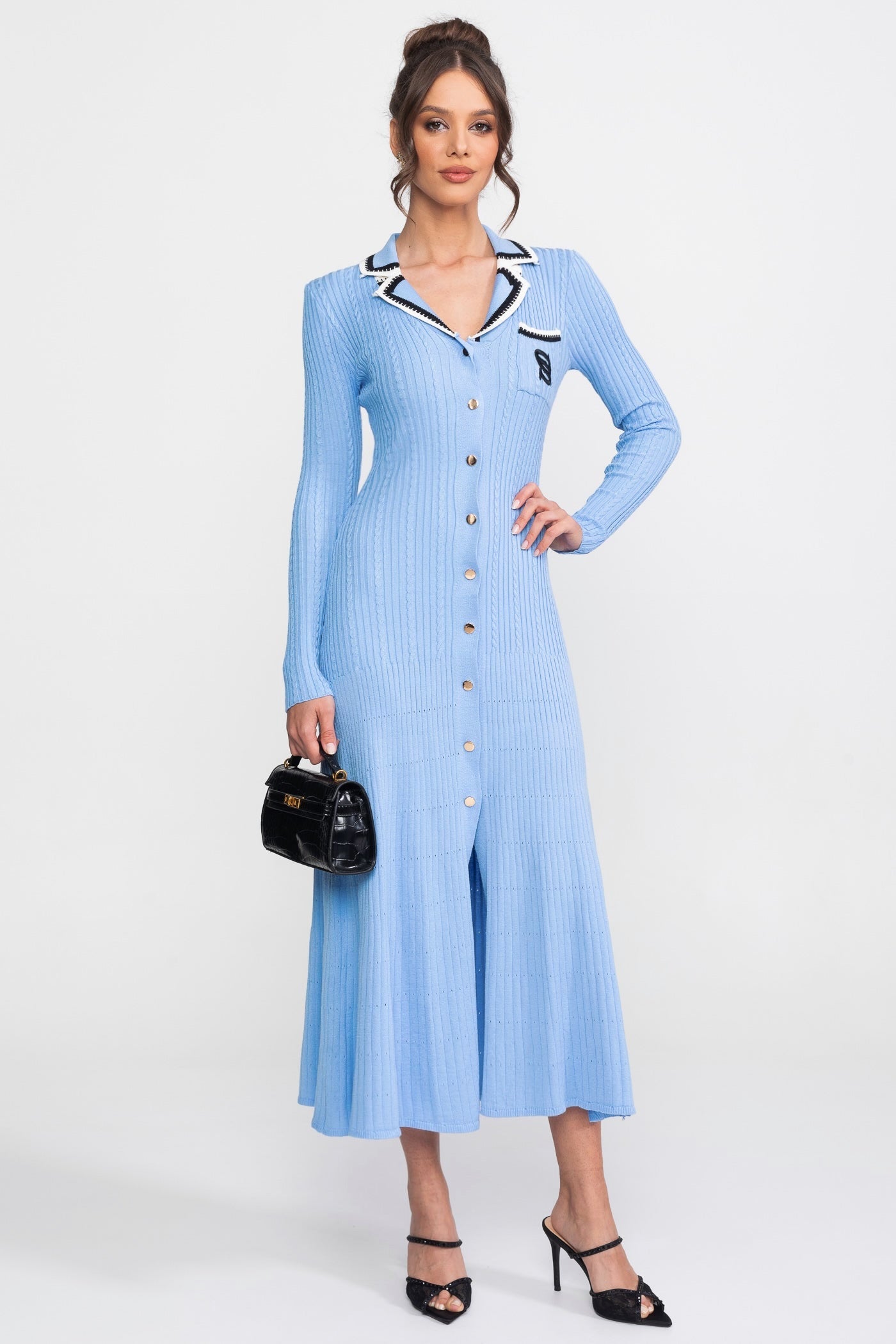 Polo Collar Knit Midi Dress | Women | Long Sleeve | Blue | Steven & Levon