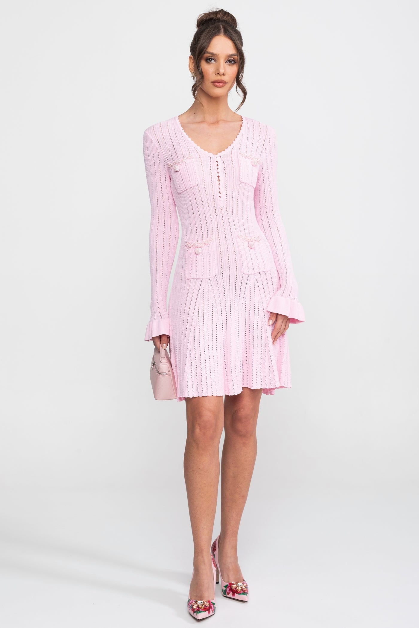 Open Knit Mini Dress | Women | Scallop Neck | Ruffle Cuffs | Pink | Steven & Levon