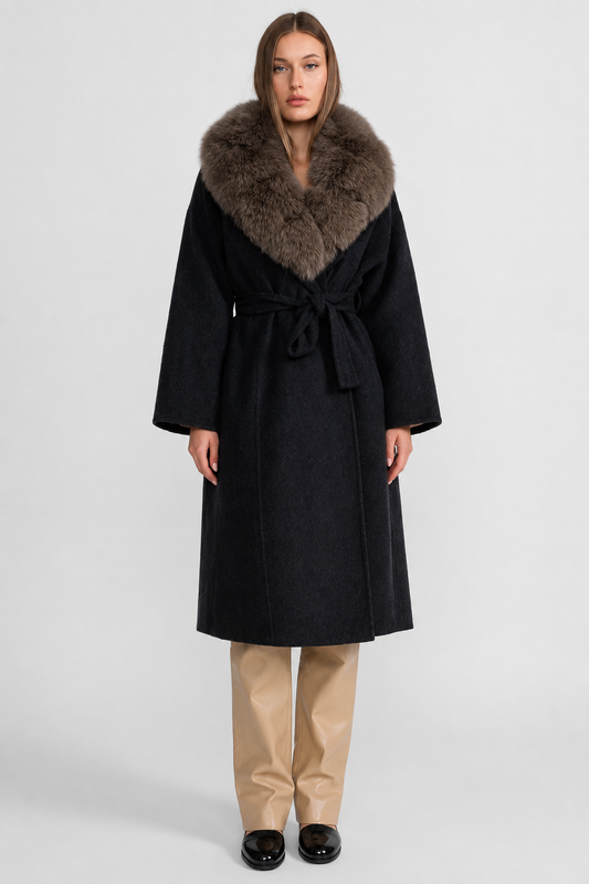 Women's Wool Wrap Coat | Fox Fur Collar | Tie Belt | Black Brown Winter Coat | Steven & Levon