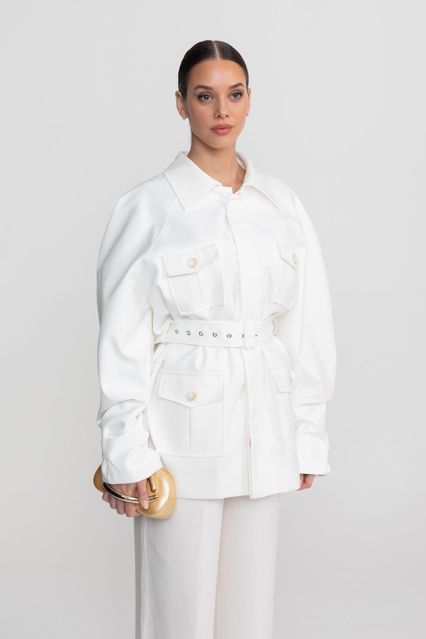 Women's Belted Trench Jacket | Polyester | Oversized Patch Pockets, Utility Style White Outerwear | Steven & Levon