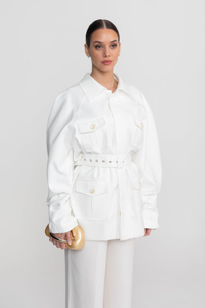 Women's Belted Trench Jacket | Polyester | Oversized Patch Pockets, Utility Style White Outerwear | Steven & Levon