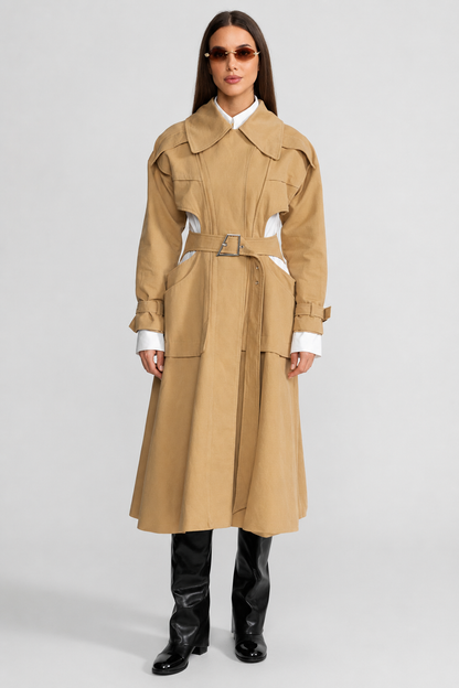 Women's Cutout Trench Coat | Beige | Belted Waist | Utility Pockets | Steven & Levon