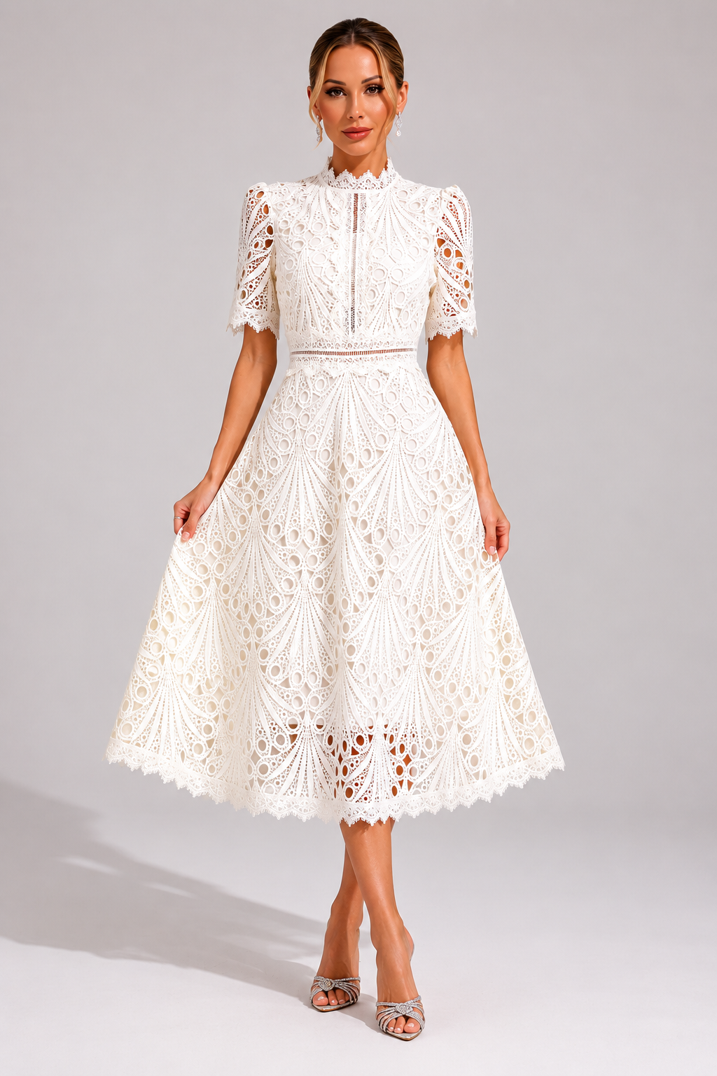 Women's Lace High Neck Midi Dress | Women | Lace | Elegant Midi Length Formal Occasion Dress | Steven & Levon