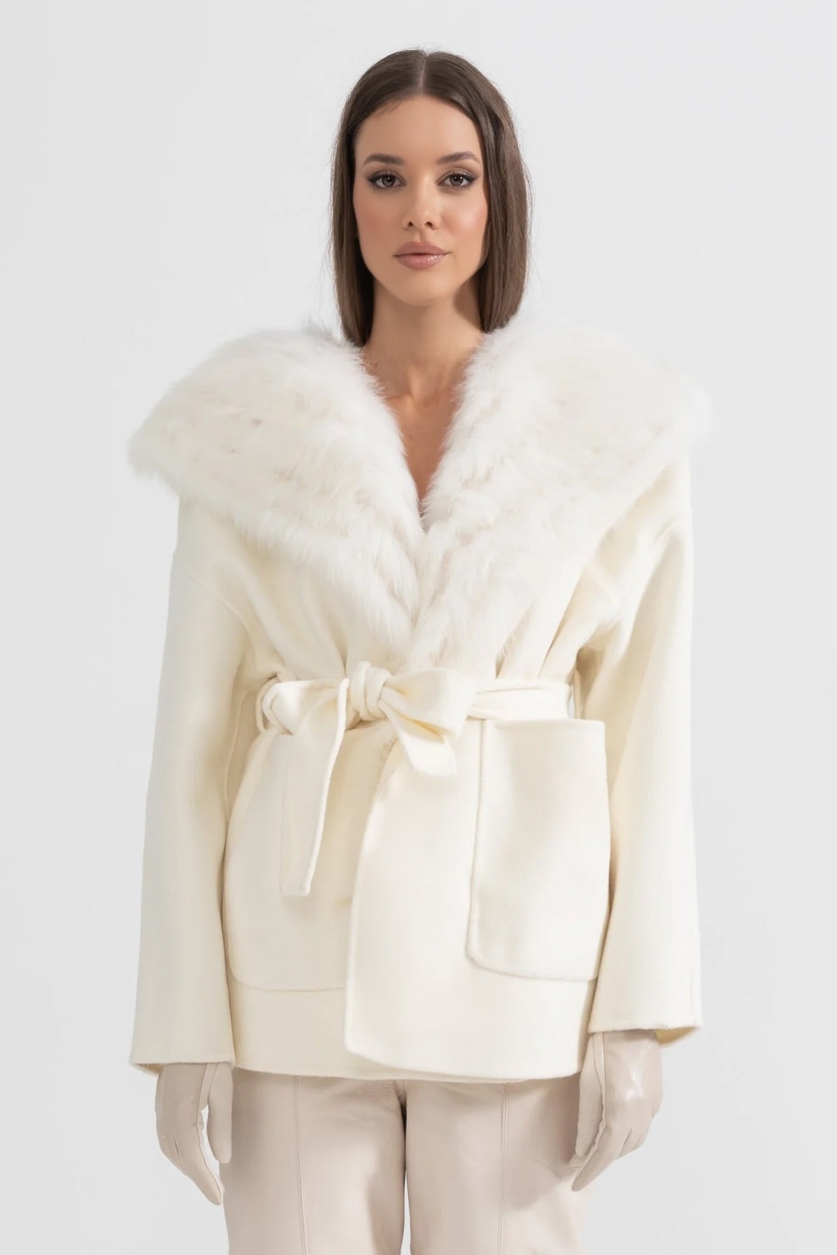 Hooded Fur Jacket | Women's Wool Blend Jacket | Oversized Fur Hood, Fur Collar, Belted Ivoire Winter Coat | Steven & Levon