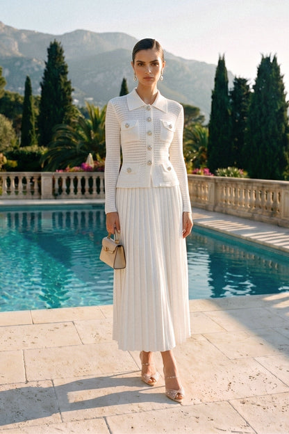 Open Knit Cardigan & Pleated Midi Skirt Co-Ord Set | Women | White | Soft Knit | Steven & Levon