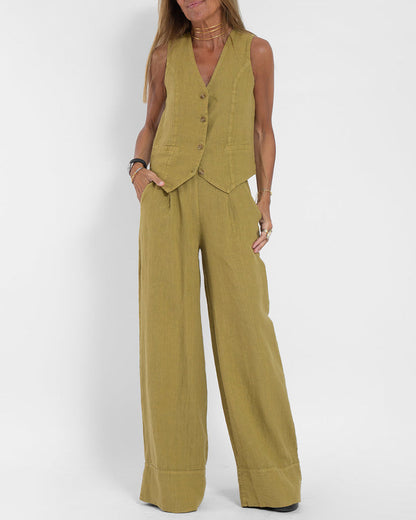 Linen 2-Piece Set | Women | Linen | Wide-Leg Trousers | Button Vest | Steven & Levon