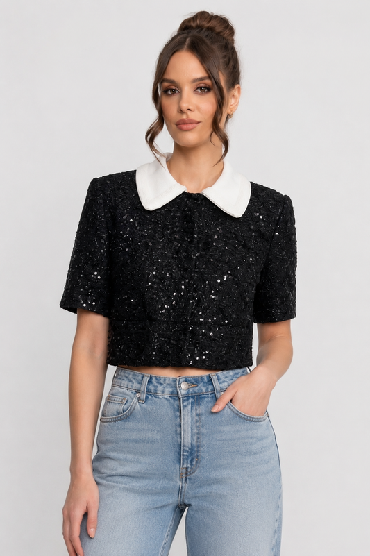 Tweed Cropped Jacket | Women | Contrast Collar | Sequin Detail | Black | Steven & Levon