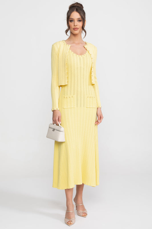 Ribbed Knit Dress & Cardigan Set | Women | Pearl Buttons | Yellow | Steven & Levon