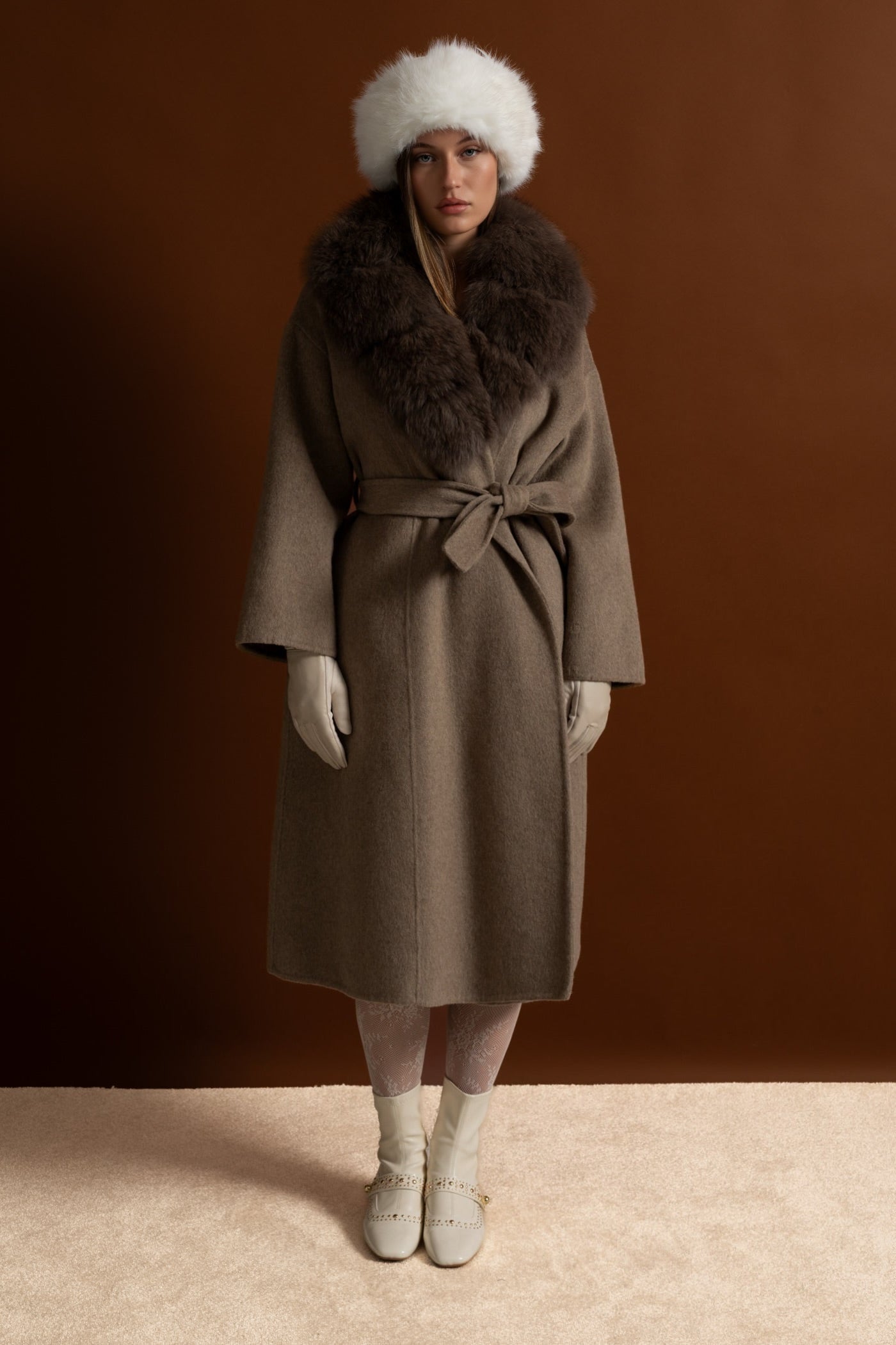 Women's Wool Wrap Coat | Fox Fur Collar | Tie Belt | Khaki Winter Coat | Luxury | Steven & Levon