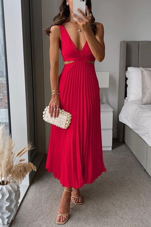 Women's Pleated V-Neck Midi Dress | Elegant Occasion Dress | Steven & Levon