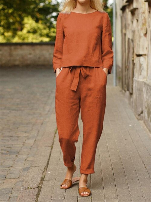 Women's Linen 2-Piece Set | Long Sleeve Top & Wide-Leg Trousers | Relaxed Fit | Steven & Levon