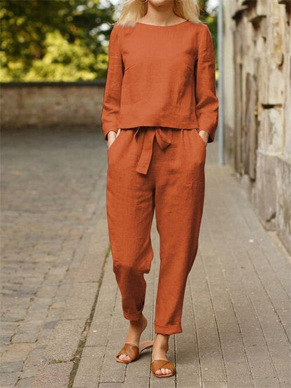 Women's Linen 2-Piece Set | Long Sleeve Top & Wide-Leg Trousers | Relaxed Fit | Steven & Levon