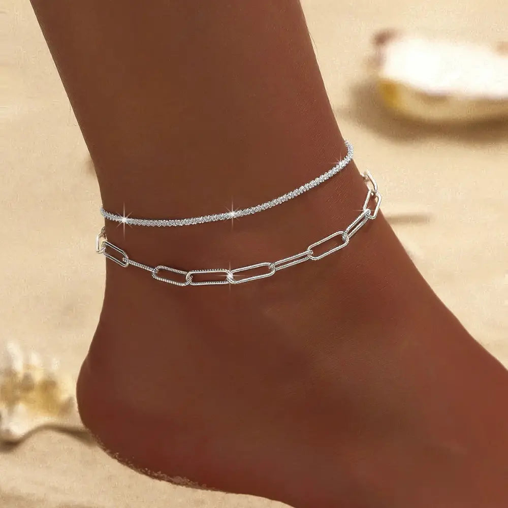Double Anklet | Women | Silver & Gold Tone | Layered Chain Design | Adjustable Ankle Bracelet | Steven & Levon