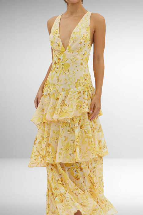 Elegant V-Neck Tiered Maxi Dress | Women | Lightweight Fabric | Occasion Wear | Steven & Levon