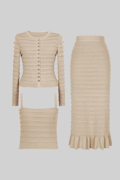 Textured Knit 3-Piece Set | Women | Blazer Top & Midi Skirt | Beige | Steven & Levon