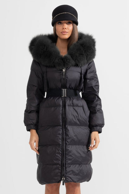 Long Puffer Jacket | Women's Quilted Puffer Coat | Black Fur-Lined Hood, Insulated Winter Outerwear | Steven & Levon