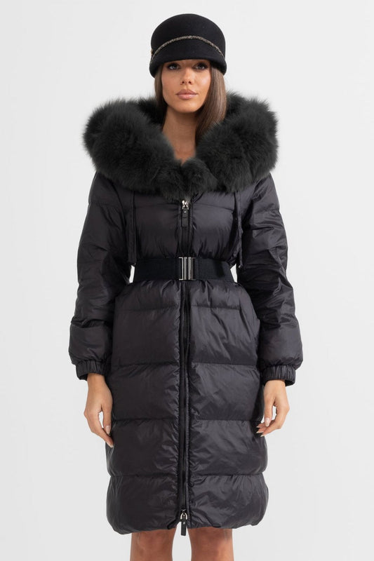 Long Puffer Jacket | Women's Quilted Puffer Coat | Black Fur-Lined Hood, Insulated Winter Outerwear | Steven & Levon