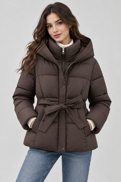 Women's Puffer Jacket | Brown Hooded Belted | Lightweight Warm Winter Outerwear | Steven & Levon