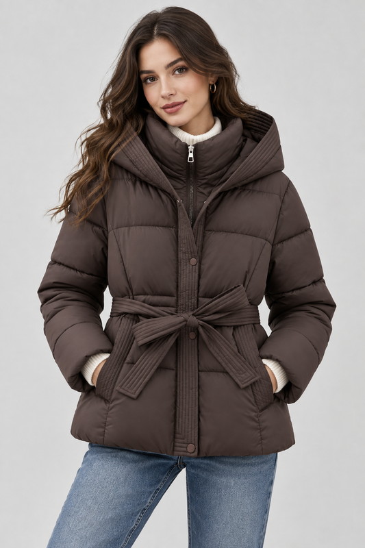 Women's Puffer Jacket | Brown Hooded Belted | Lightweight Warm Winter Outerwear | Steven & Levon
