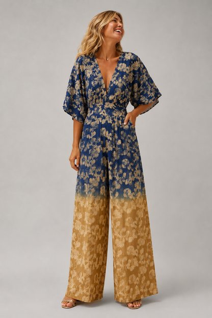 TrendFlow Gradient Print Jumpsuit | V-Neck Backless | Women | Polyester | Wide Leg | Blue | Steven & Levon