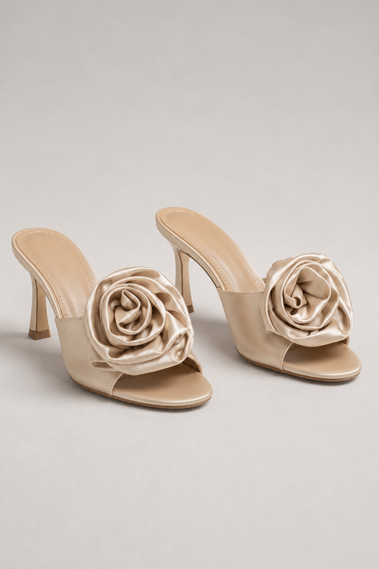 Satin Flower Sandals | Women | Pom Pom Detail | Beige | Elegant Dress Shoes | Steven & Levon