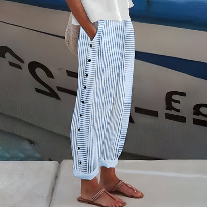 Striped Casual Pants | Women | Button Detail | Relaxed Fit | Everyday Trousers | Steven & Levon