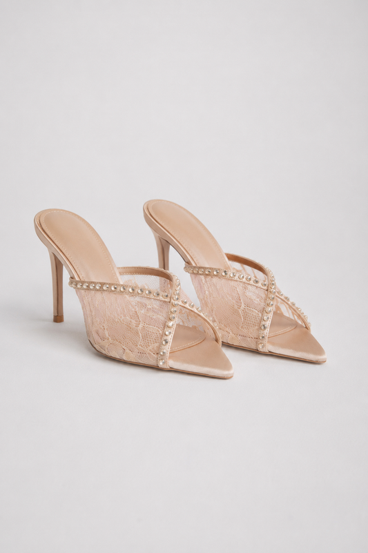 Crystal Strap Lace Pointed Toe Mules | Women | Rhinestone Detail | Beige | Steven & Levon