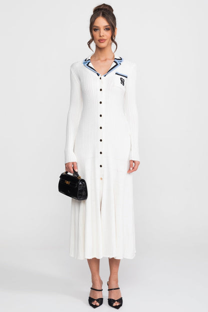 Long Sleeve Knit Midi Dress | Women | Polo Collar | Monogram Patch | White | Steven & Levon