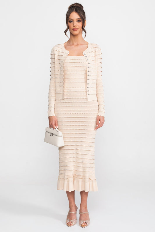 Textured Knit 3-Piece Set | Women | Blazer Top & Midi Skirt | Beige | Steven & Levon