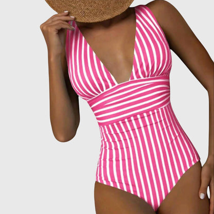 Striped One-Piece Swimsuit | Women | Nylon & Spandex Blend | V-Neck Stretch Fit Swimwear | Steven & Levon