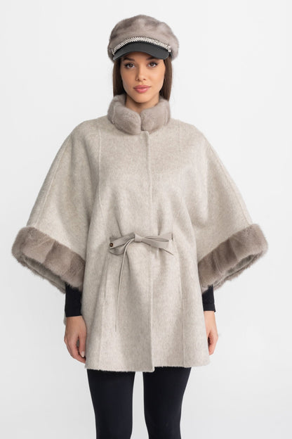 Wool Blend Cape Coat | Women's Cape Coat | Fur Trim, Light Grey Elegant Winter Outerwear | Steven & Levon