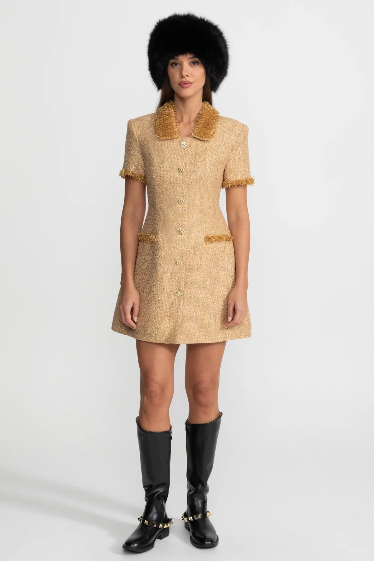 Women's Textured Tweed Overcoat | Sequin Embellishments, Fringe Trim | Gold Statement Coat | Steven & Levon