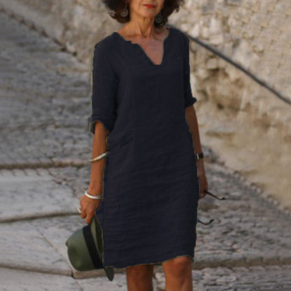 Aarnelle | Linen V Neck Dress | Women | Relaxed Fit | Lightweight Summer | Steven & Levon