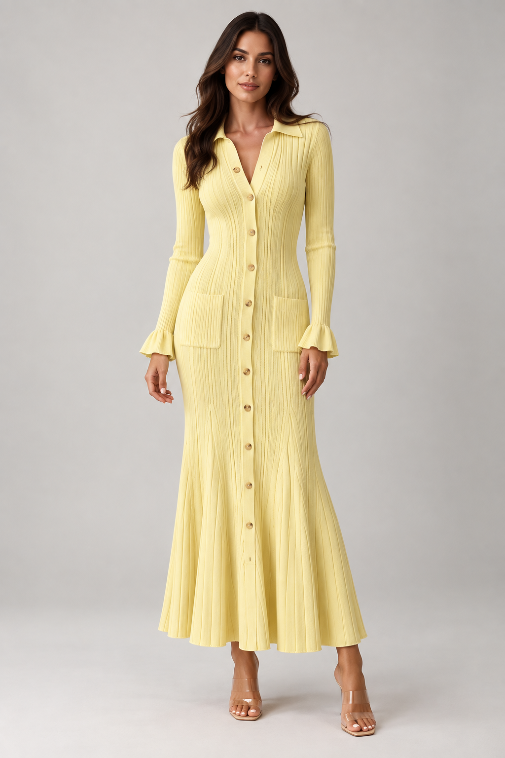 Women's Long Sleeve Knit Maxi Dress | Ruffle Hem | Button Front | Yellow | Winter | Steven & Levon