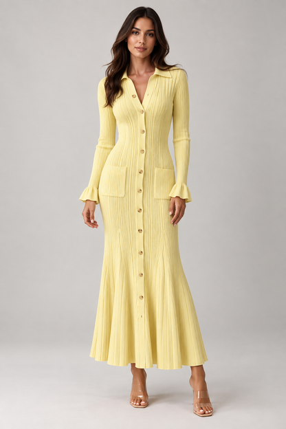 Women's Long Sleeve Knit Maxi Dress | Ruffle Hem | Button Front | Yellow | Winter | Steven & Levon