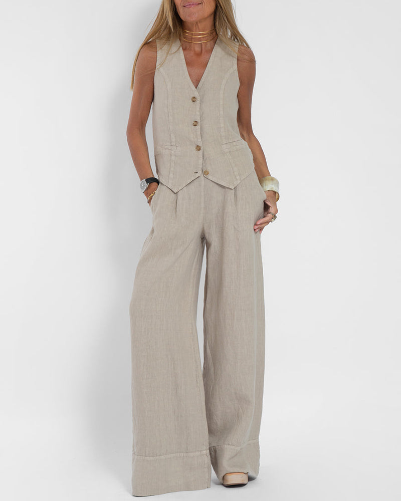 Linen 2-Piece Set | Women | Linen | Wide-Leg Trousers | Button Vest | Steven & Levon