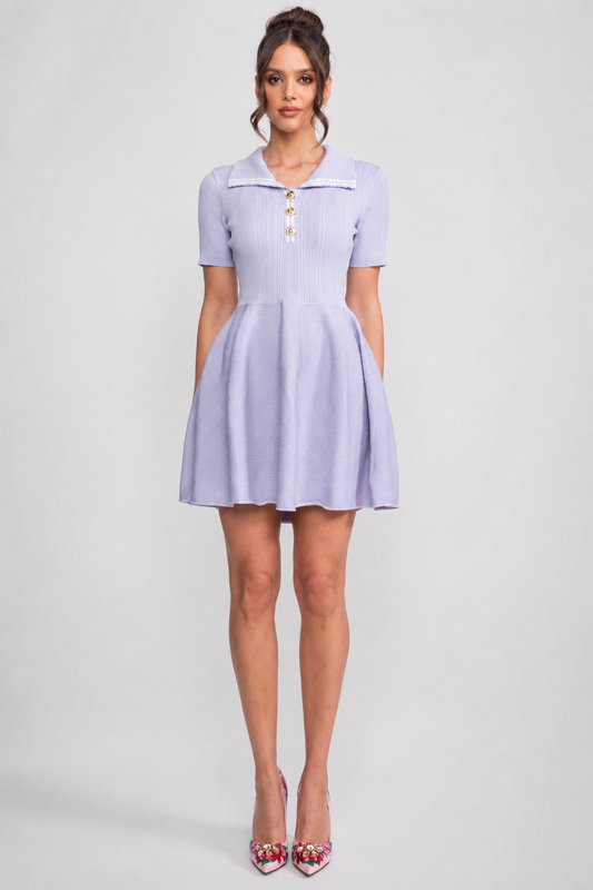 Ribbed Knit Mini Dress | Women | Open Polo Collar | Jewel Buttons | Lilac | Steven & Levon