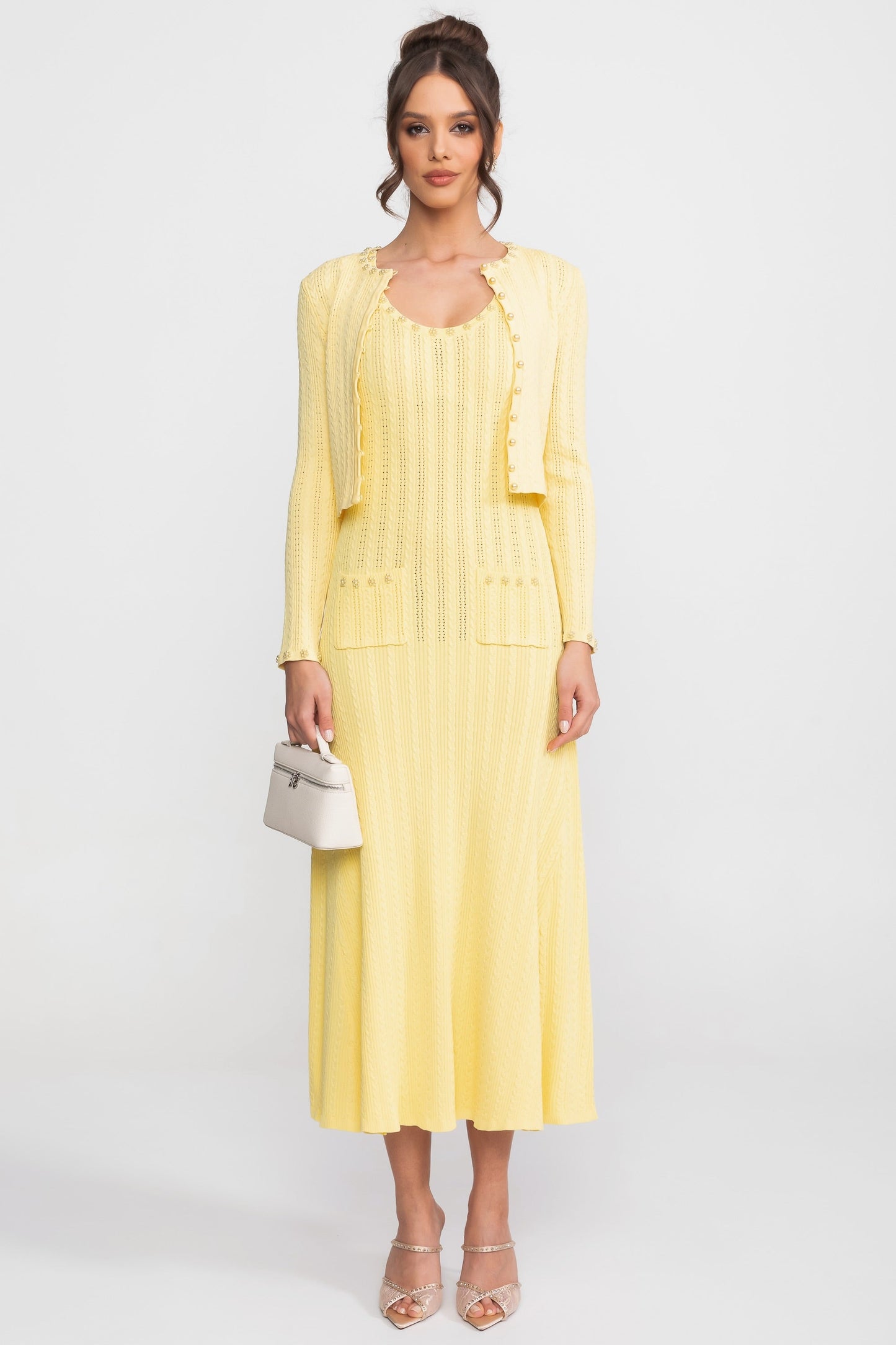 Ribbed Knit Dress & Cardigan Set | Women | Pearl Buttons | Yellow | Steven & Levon
