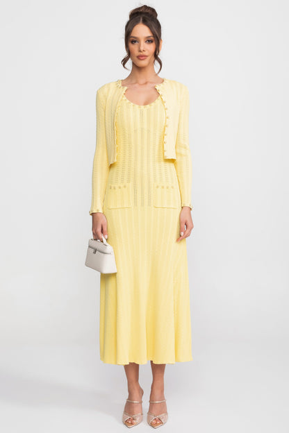 Ribbed Knit Dress & Cardigan Set | Women | Pearl Buttons | Yellow | Steven & Levon