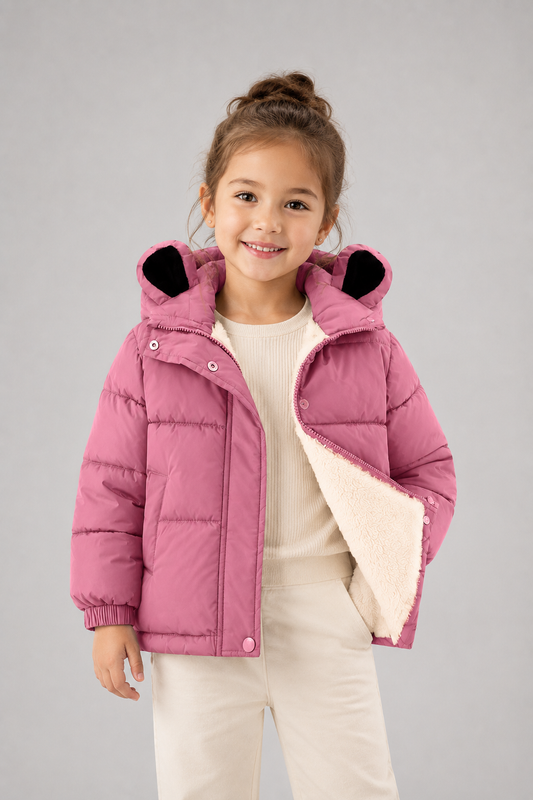 Kids Hooded Puffer Jacket | Girls | Bear Ears | Fleece Lined Winter Coat | Warm Outerwear | Steven & Levon