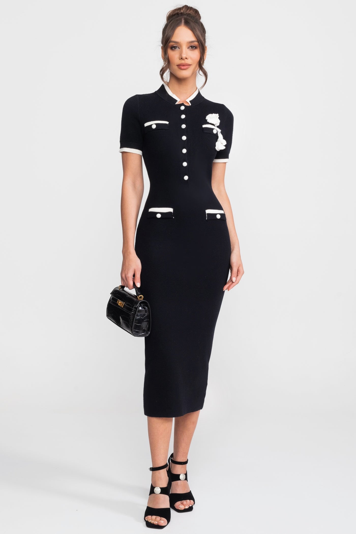 Ribbed Knit Midi Dress | Women | Contrast Trim | Decorative Pockets | Bodycon | Black | Steven & Levon