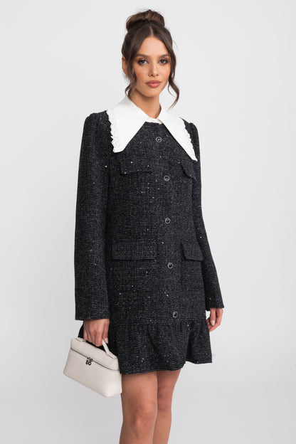 Boucle Tweed Mini Dress | Women | Lace Trim Collar | Ruffle Hem | Black | Steven & Levon
