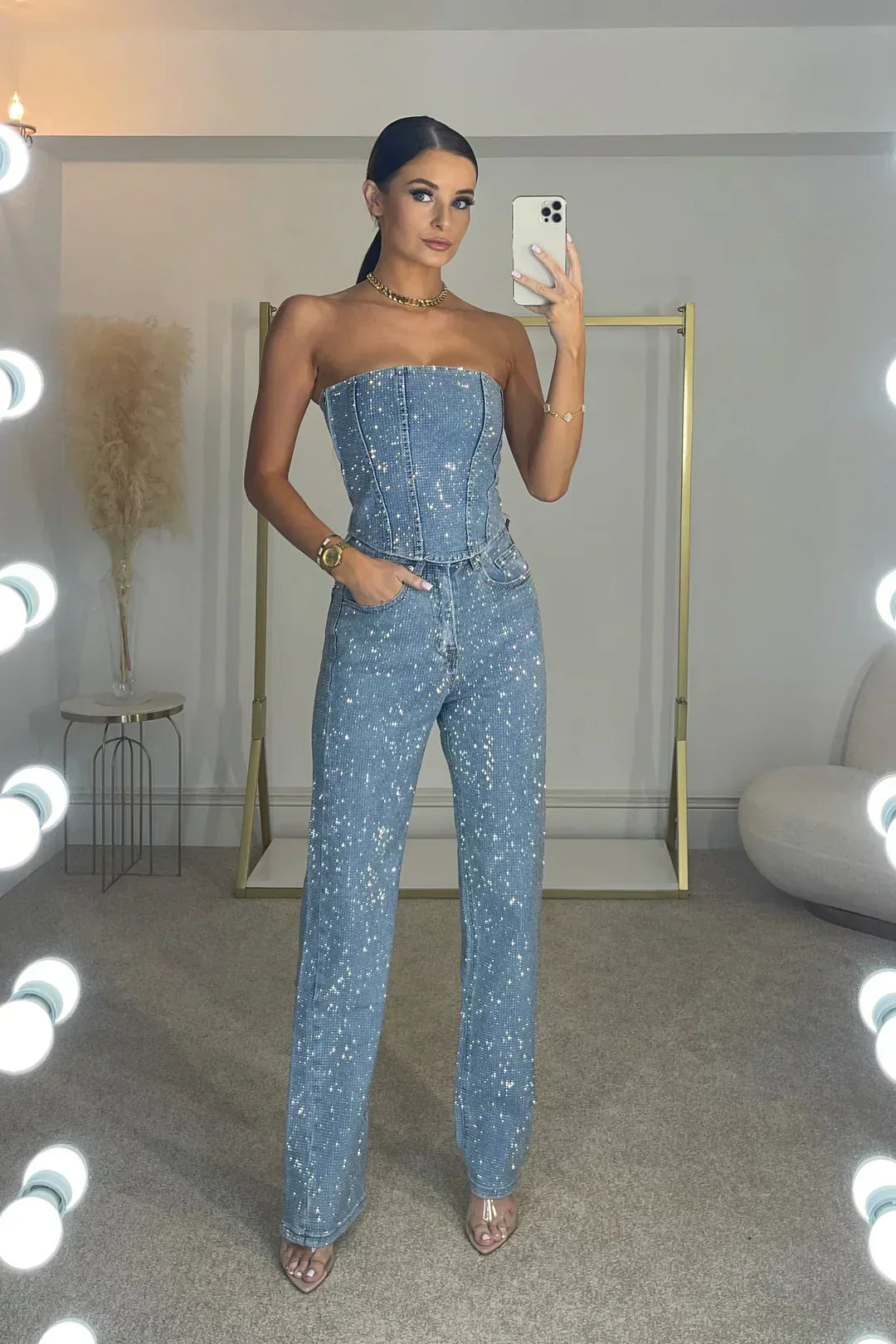 Glitter 2-Piece Jeans Set | Women | Denim | High-Waist Jeans | Sparkle Detail | Steven & Levon