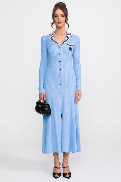 Polo Collar Knit Midi Dress | Women | Long Sleeve | Blue | Steven & Levon